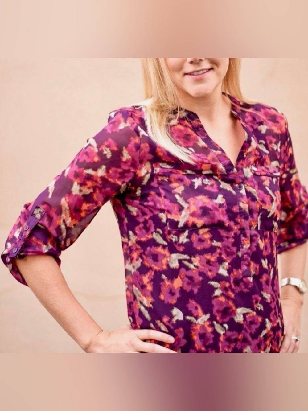 🔴 4/$15 Apt. 9 Women’s XL Purple Pink Abstract Floral Split-Neck Blouse in EUC